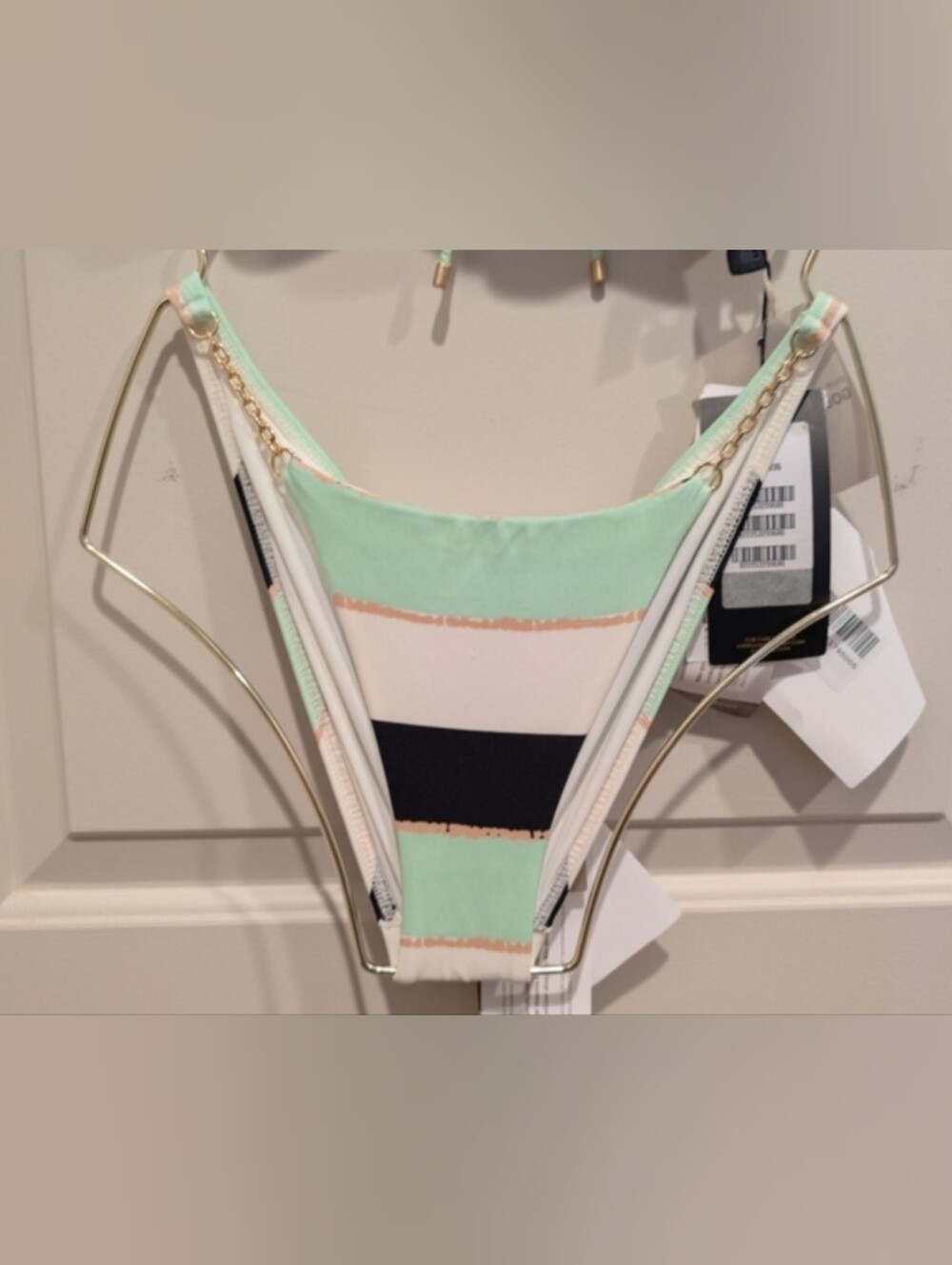 Vix Paula Hermanny Mint & Black Striped Malta Bikini Bottom Gold Chain XS